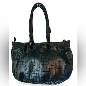 VTG Vittadini Black Croc Embossed Leather Shoulder Bag Slouchy Tote